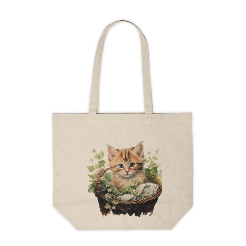 Floral Cat in a Basket Custom Canvas Tote Bag